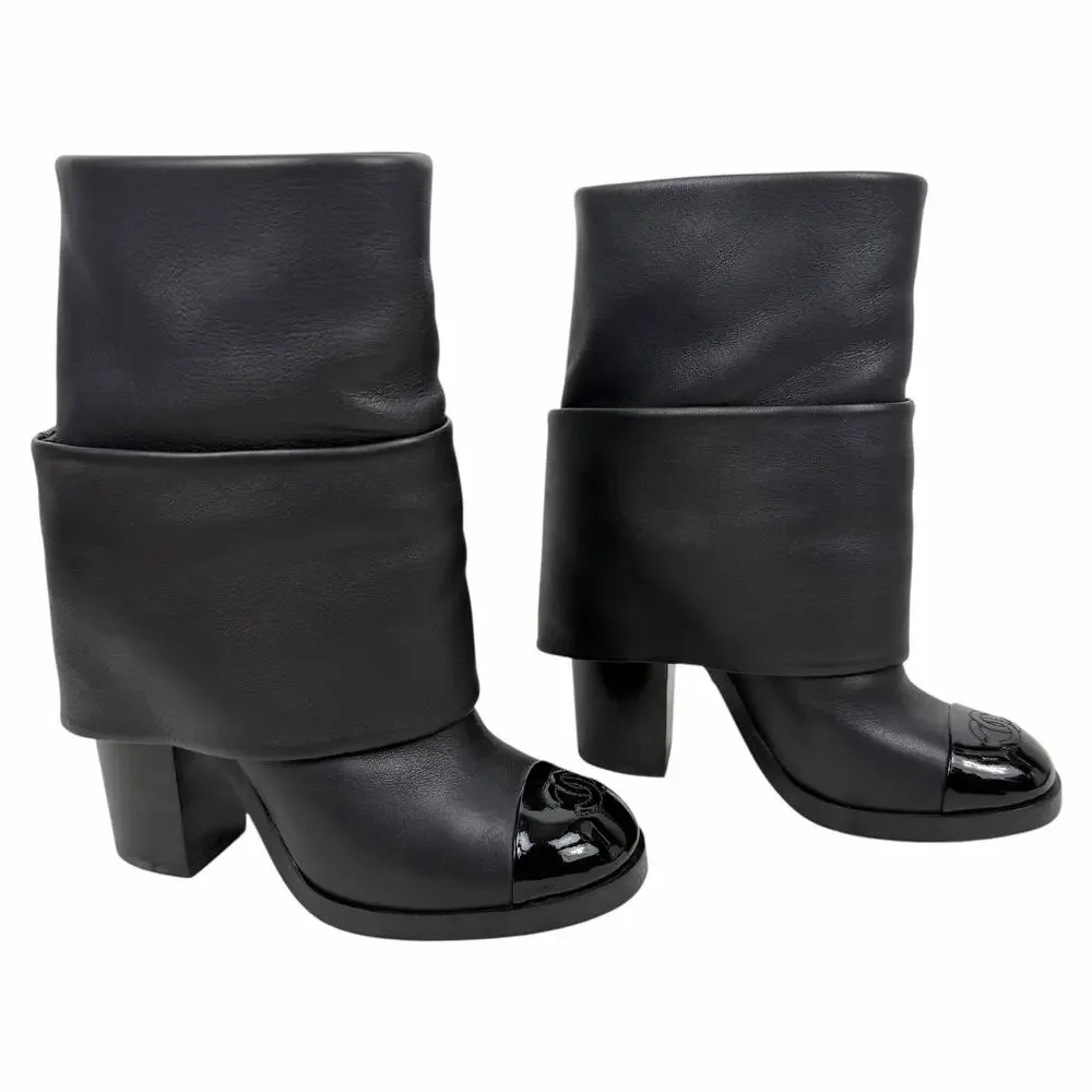 Chanel Interlocking CC logo Cap Toe Foldover Boots Black Leather Size 36